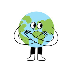 Vector illustration in flat linear minimal hand drawn simple style and logo design template, ecology concept, funny friendly planet earth mascot © venimo