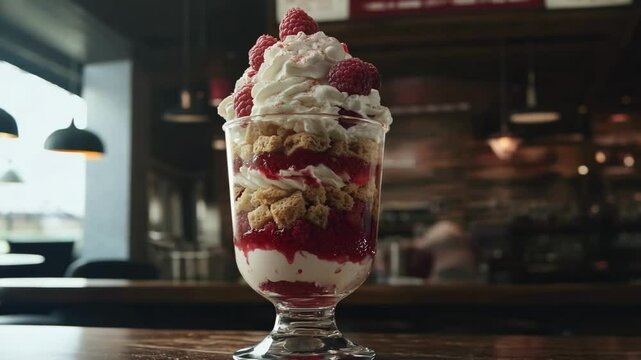 Layered parfait in a glass with whipped cream, fresh raspberries, crunchy cereal, and berry sauce, set in a cozy caf&eacute; atmosphere for a delicious and indulgent treat