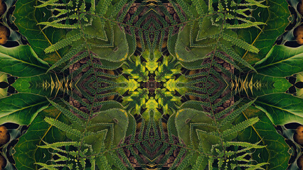 A beautiful background of seasonal autumn and winter leaves and foliage in an animated kaleidoscopic pattern.