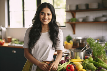 Portrait of a smiling young woman of Indian ethnicity standing in kitchen	