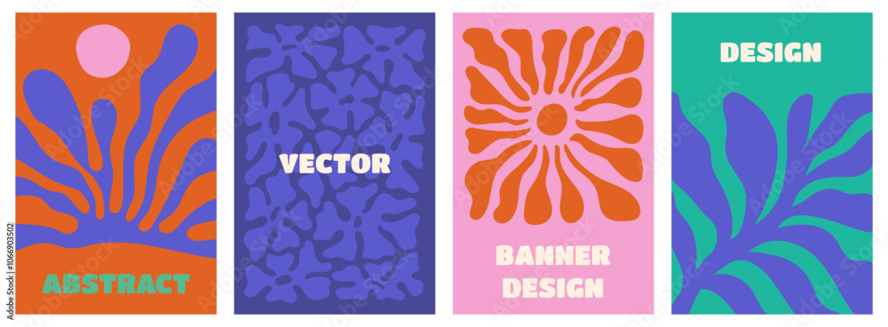 Poster vector simple minimal backgrounds in bold colors, simple wavy and groovy naive style, flowers and pl