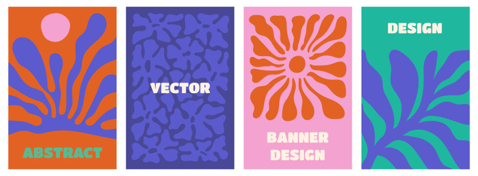 Vector simple minimal backgrounds  in  bold colors, simple wavy and groovy naive style, flowers and plants, floral botanic hand drawn design templates, frames and modern wall art prints, posters