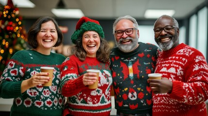 Diverse colleagues in festive ugly Christmas sweaters enjoy hot drinks at an office holiday party