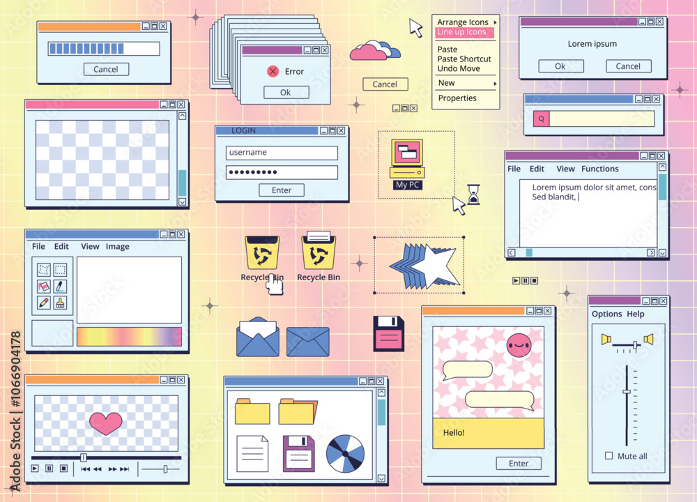 Aufkleber Browser retro screens. Vintage interface window web screen, pc 90s cyberspace website message folder tab programming hipster desktop 80s y2k internet kit classy vector illustration