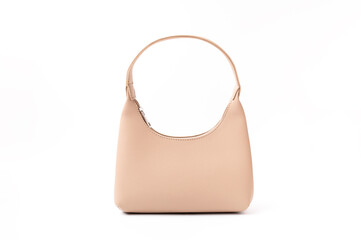 Women's leather beige bag isolated on white background. Fashionable stylish minimalist baguette bag, wine color. Female accessory, object for cutting and design