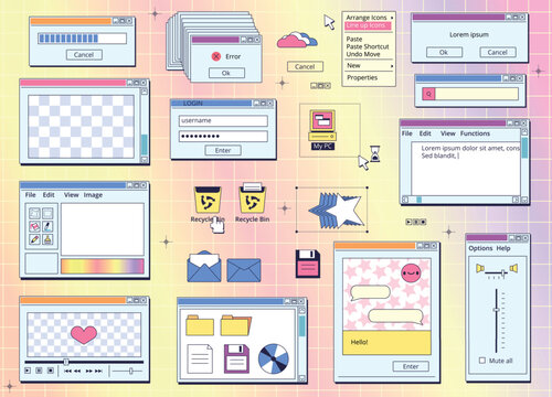 Browser retro screens. Vintage interface window web screen, pc 90s cyberspace website message folder tab programming hipster desktop 80s y2k internet kit classy vector illustration