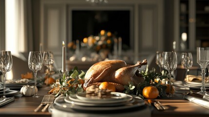 Luxurious contemporary Thanksgiving dining scene with fine decorations and lighting