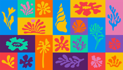 Vector seamless pattern in simple floral wavy and groovy naive style, flowers and plants, floral botanic hand drawn design templates, modern art prints, surface design