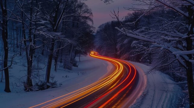 A blanket of freshly fallen snow is lit up by the streams of headlights and taillights painting a wintery road in hues of gold and red.