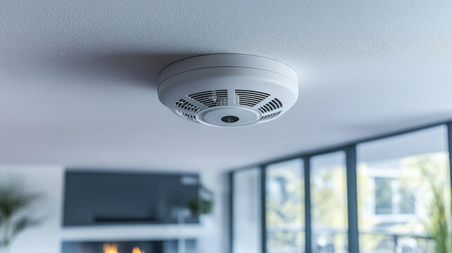 Smart home smoke detector ceiling installation, modern white fire alarm, home safety device close-up, interior with blurred background, technology for security, fire prevention