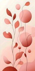 A serene abstract composition featuring delicate leaves and soft circles in warm red and blush tones, creating a harmonious and soothing visual experience.