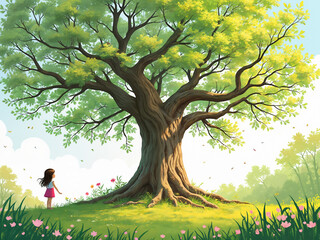 Generated painting cartoon illustration of a young girl playing under tree.