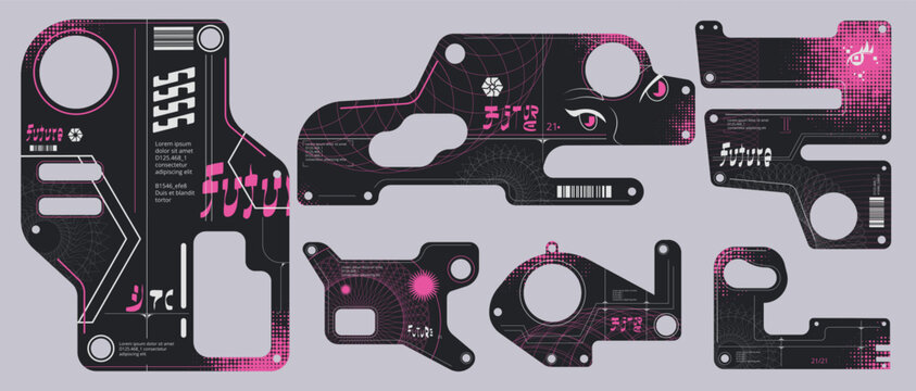 Y2k cyberpunk frames. Futuristic tech frame cyber punk japanese style, hud grunge interface abstract geometric element future technology design stickers, classy vector illustration