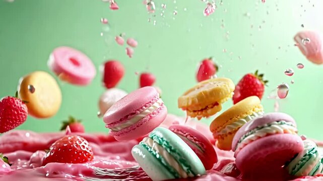 Colorful macarons in pink, blue, and yellow floating amidst splashes of cream and strawberries, creating a vibrant and playful dessert scene against a pastel background