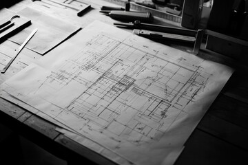 Mechanical design blueprint on a drafting table with detailed schematics and tools