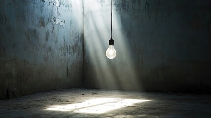 A dark, empty room with a single flickering light bulb hanging from the ceiling