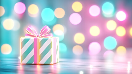 Fototapeta premium beautifully wrapped gift box with colorful ribbon sits against vibrant, blurred background of soft, glowing lights. This festive scene evokes feelings of joy and celebration