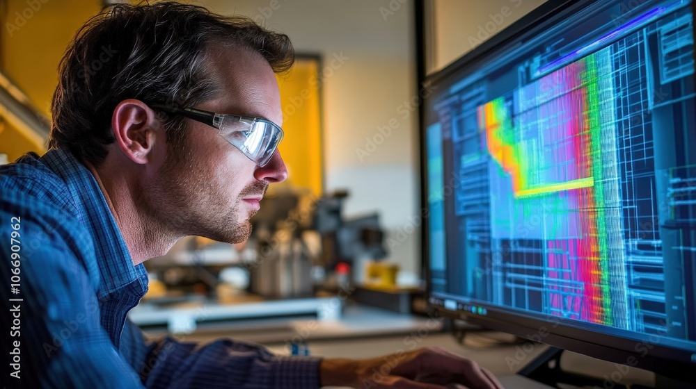 Poster an engineer is focused on assessing intricate mechanical data displayed on a large computer monitor 