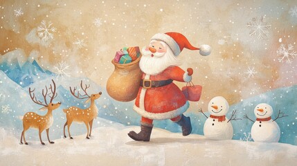 Santa Claus comes with gifts, and the snowman and the deer welcome him