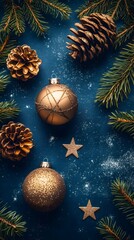 Festive holiday decorations with golden ornaments and pine cones on a blue background.