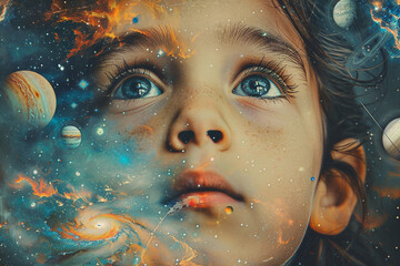 Child gazing at the cosmos in a retro-style space artwork collage, Generative AI blending imagination and wonder