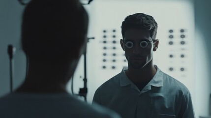 The optometrist assists a patient in reading an eye chart while using a device to assess vision quality in a well-lit examination room