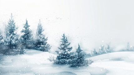 Fototapeta premium Snowy winter landscape with evergreen trees in watercolor style