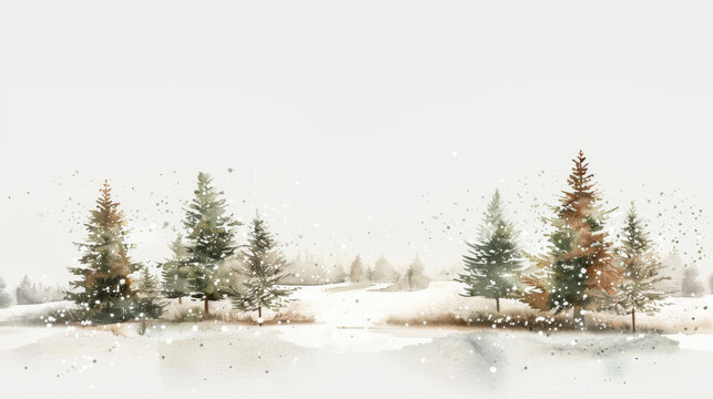 Snowy forest landscape with evergreen trees in watercolor style
