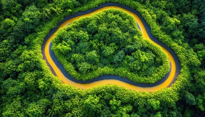 Winding river flows through vibrant green rainforest during daylight hours