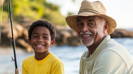 Grandfather and grandson enjoying a fishing trip together by the serene lakeside during a sunny afternoon