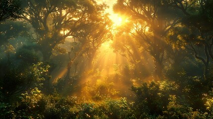 Obraz premium Enchanted Forest: Golden Hour Sunbeams Through Lush Greenery