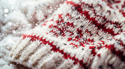 Close-up of knitted sweater with red and white festive patterns and snowfall overlay
