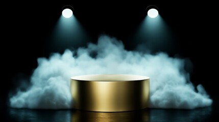 Golden podium under dramatic lighting surrounded by atmospheric smoke on a dark background.