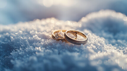Gold engagement and wedding rings on frosty snow with winter light