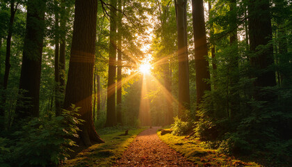 Enchanting forest pathway illuminated by sunlight filtering through tall trees