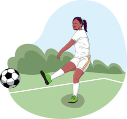 Hispanic female soccer player kicking ball on playing field, wearing white uniform