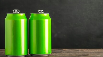 Two vibrant green soda cans on a wooden table against a dark background.