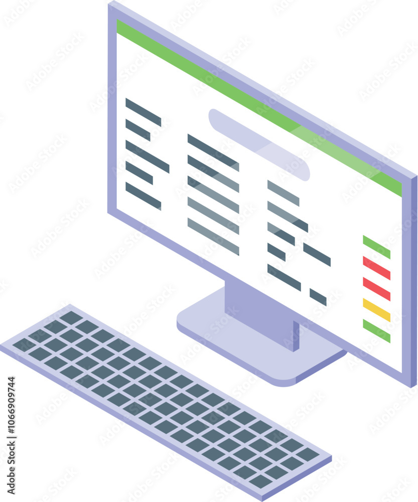 Poster desktop computer displaying spreadsheet data with keyboard, representing data analysis, office work,