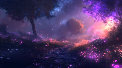 Enchanted Nighttime Path with Glowing Flora