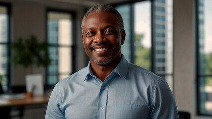 Fototapeta premium Portrait of a middle-aged African American male entrepreneur in a light blue shirt, smiling while standing at a desk in a contemporary office with large windows. 