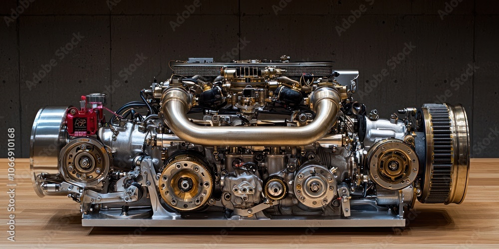 Poster a detailed view of a polished and assembled engine