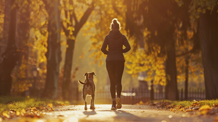 Back angle view of a young woman jogging with her dog, urban park in the background.