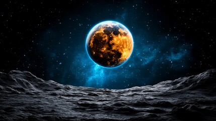 Alien Planet Landscape with Glowing Moon and Stars