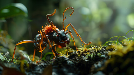 Fototapeta premium Macro photography of black ant with cordyceps fungus growing on its body.