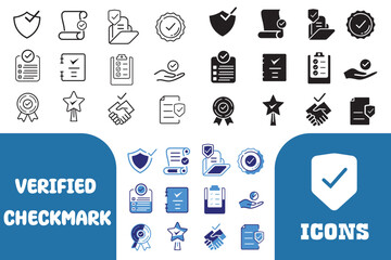 Verified checkmark guarantee icon set. Vector illustration of trust, warranty, agreement, badge,  confirms, approval mark. Certified award for successful business. Badge warranty for web and app