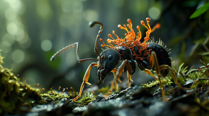 Close view of black ant with cordyceps fungus growing on its body.