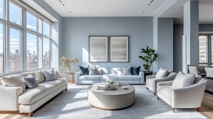 Fototapeta premium Modern Living Room with City View and Light Blue Walls
