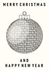 Modern vertical merry Christmas greeting poster cover template design with Stippling grain effect Christmas ball. Retro grunge postcard in modern Halftone Stipplism style. Vector illustration. EPS 10