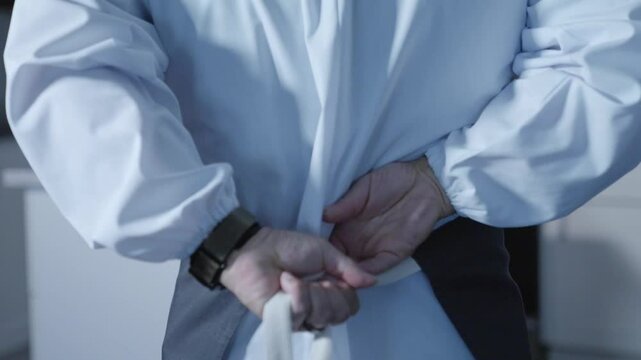 Close-up shot captures a sushi chef tying his apron and uniform, emphasizing attention to detail and preparation. Ideal for culinary content focused on sushi-making and kitchen readiness.