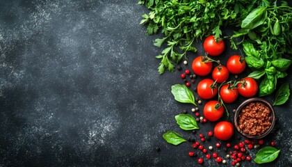 Fresh ingredients for pasta bolognese on a textured chaotic background